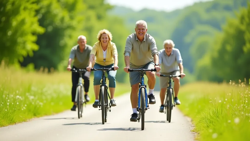 Skupina seniorů na kolech na cyklostezce