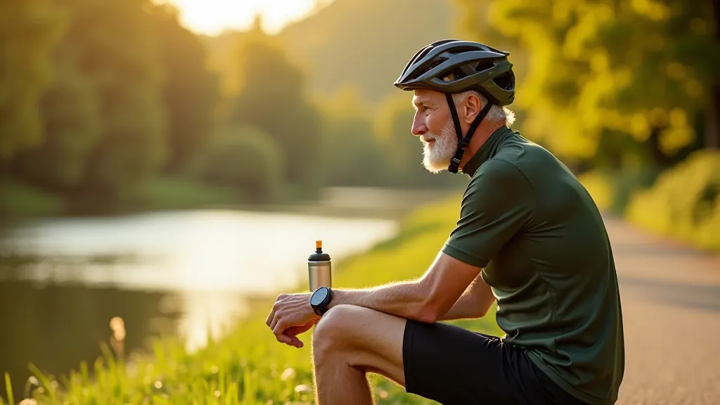 Cyklista s batohem sedí u řeky a pije vodu ze sportovní lahve během odpočinku