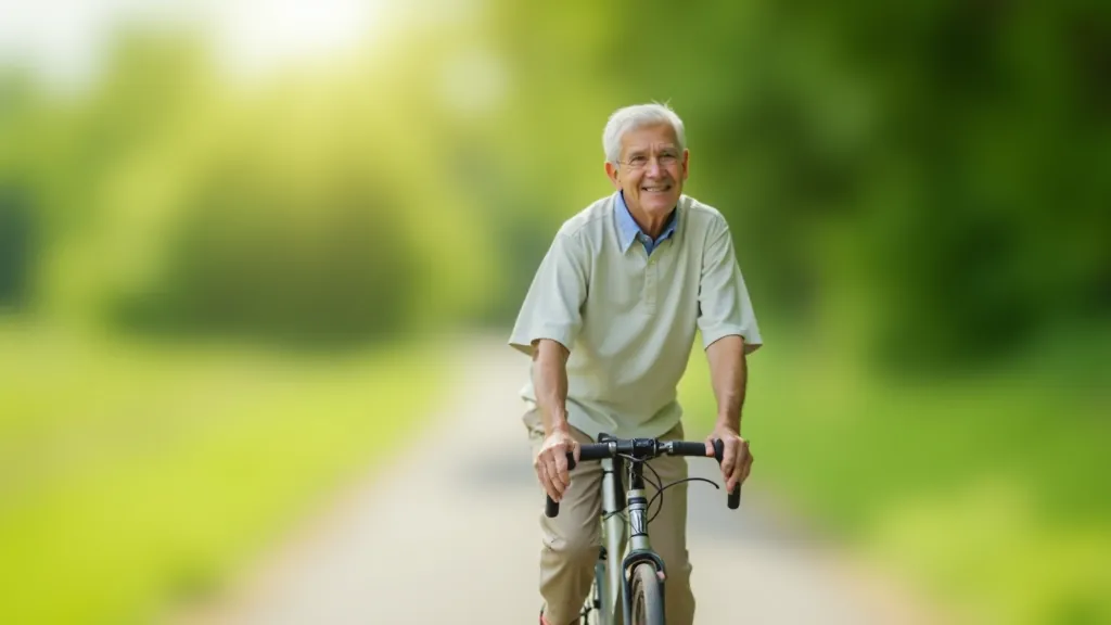 Starší cyklista na pohodlném kole na rovinaté cyklostezce