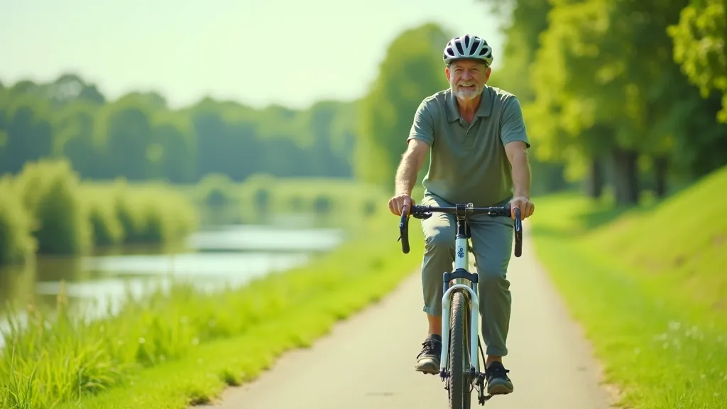 Starší cyklista na Labské cyklostezce s krásným výhledem na řeku a zelené břehy